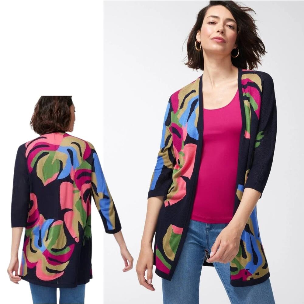 Chico’s Tropical Print Mesh Long Line Abstract Cardigan Sz Medium Maximalist